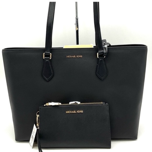 Michael Kors Handbags - Michael Kors Bag Large Sheila Mf Tote Bag & Large Double Zip Wallet Black/Gold